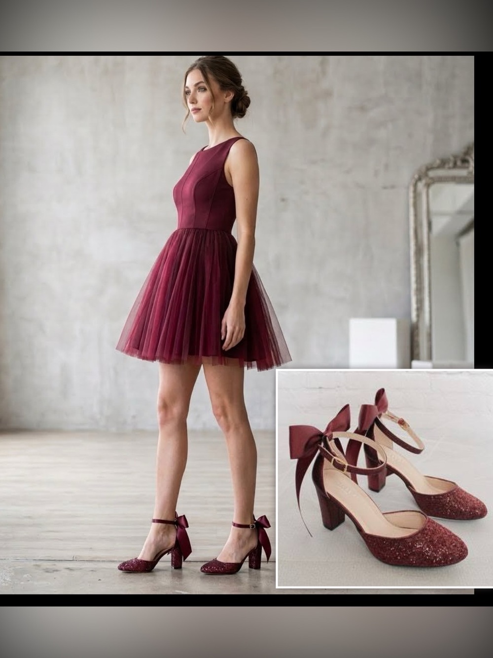 Kailee P. Burgundy Rock Glitter Block  Coquette Romantic Heels Satin Back Bow 9